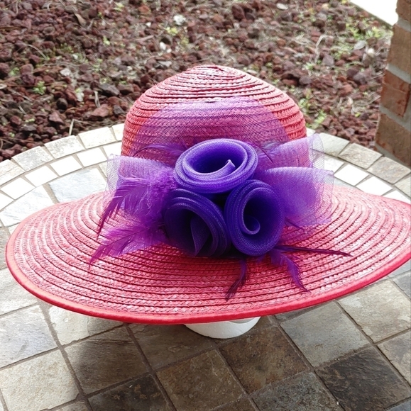 NEW LADIES RED HAT SOCIETY STRAW BRIM HAT WITH PURPLE BOW - Picture 3 of 10